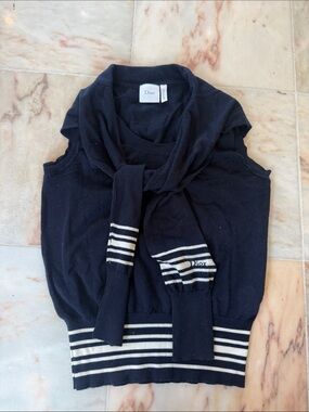 Dior Navy Sleeveless Knit Sweater with Cream Stripe Scarf Detail